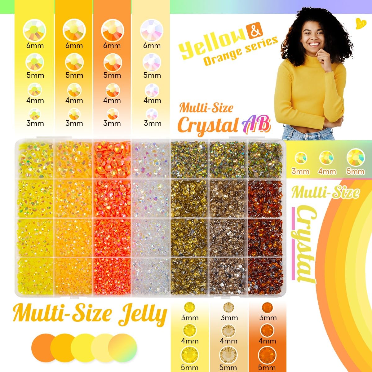 qiipii open box revealing 28 grids of yellow, orange and crystal rhinestones for organized crafting