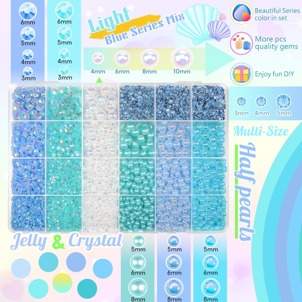 qiipii open 24-grid box with sorted pearls and rhinestones for quick use