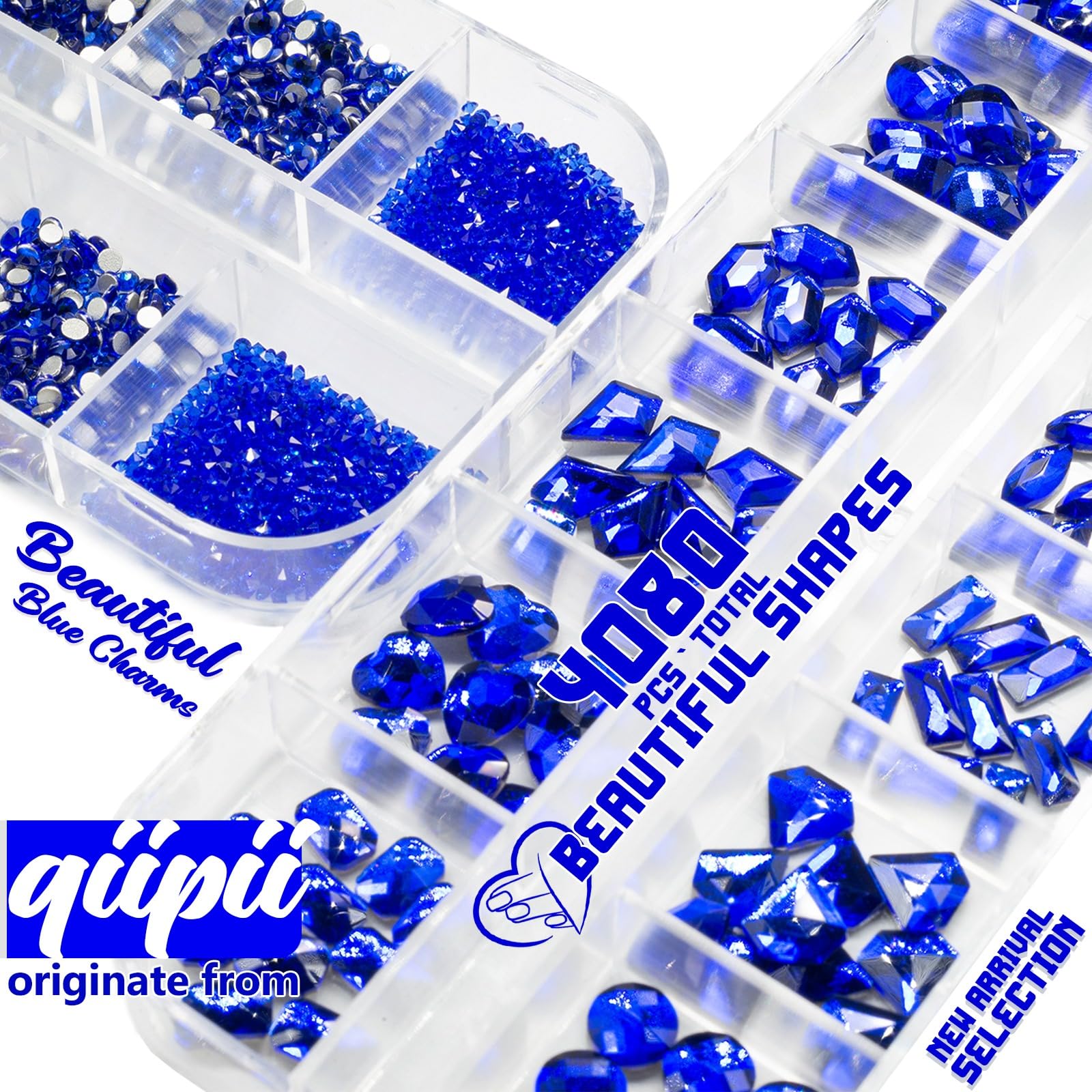 qiipii open box with sorted compartments of sapphire blue gems for quick access