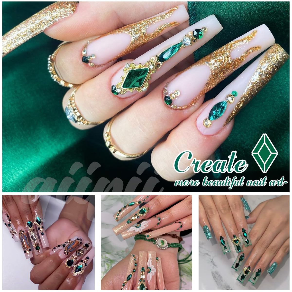 qiipii scattered emerald rhinestones illustrating bright K9 glass sparkle and variety