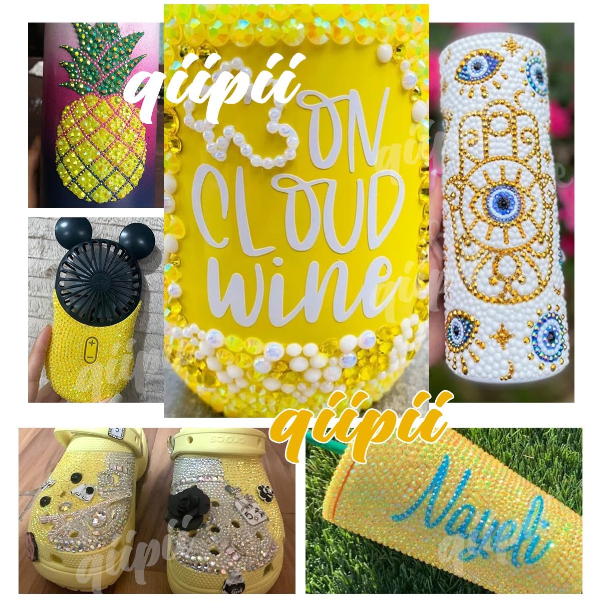 qiipii decorated tumbler with lemon yellow rhinestones, demonstrating vibrant decorative finish for gifts
