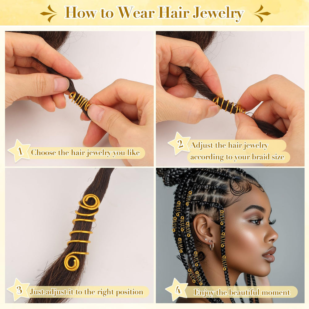 Qinzave gold decorations on dreadlocks in lifestyle shot adding shimmer for event-ready looks