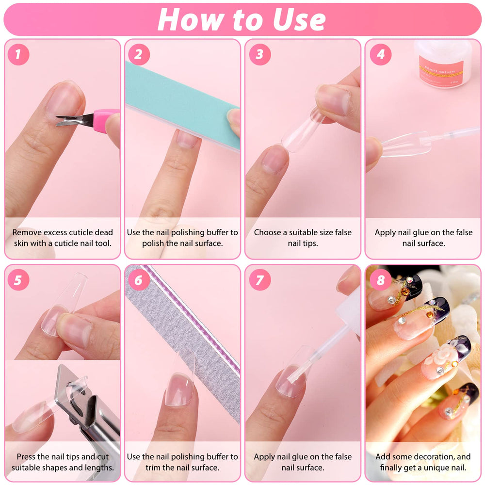 Qinzave finished clear coffin nail set worn lifestyle shot showing polished results