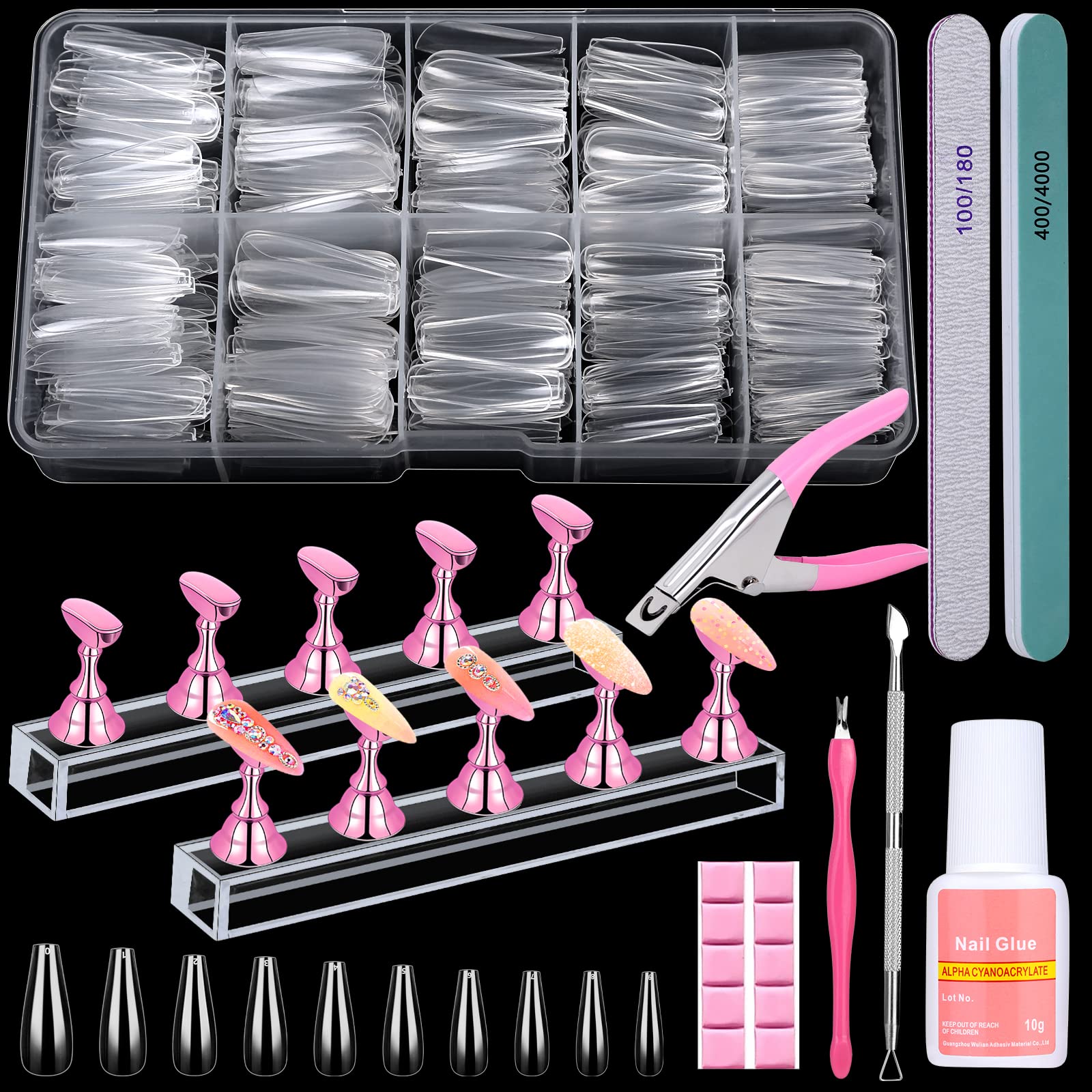 Qinzave front packaging showing full kit and clear coffin tips, convenient all-in-one set