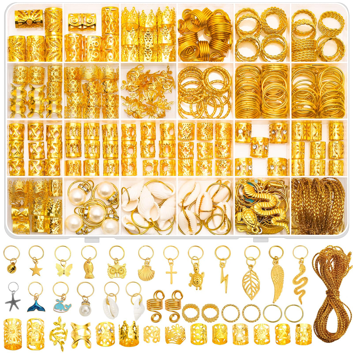 Qinzave front packaging showing complete 285-piece gold braid jewelry set and variety