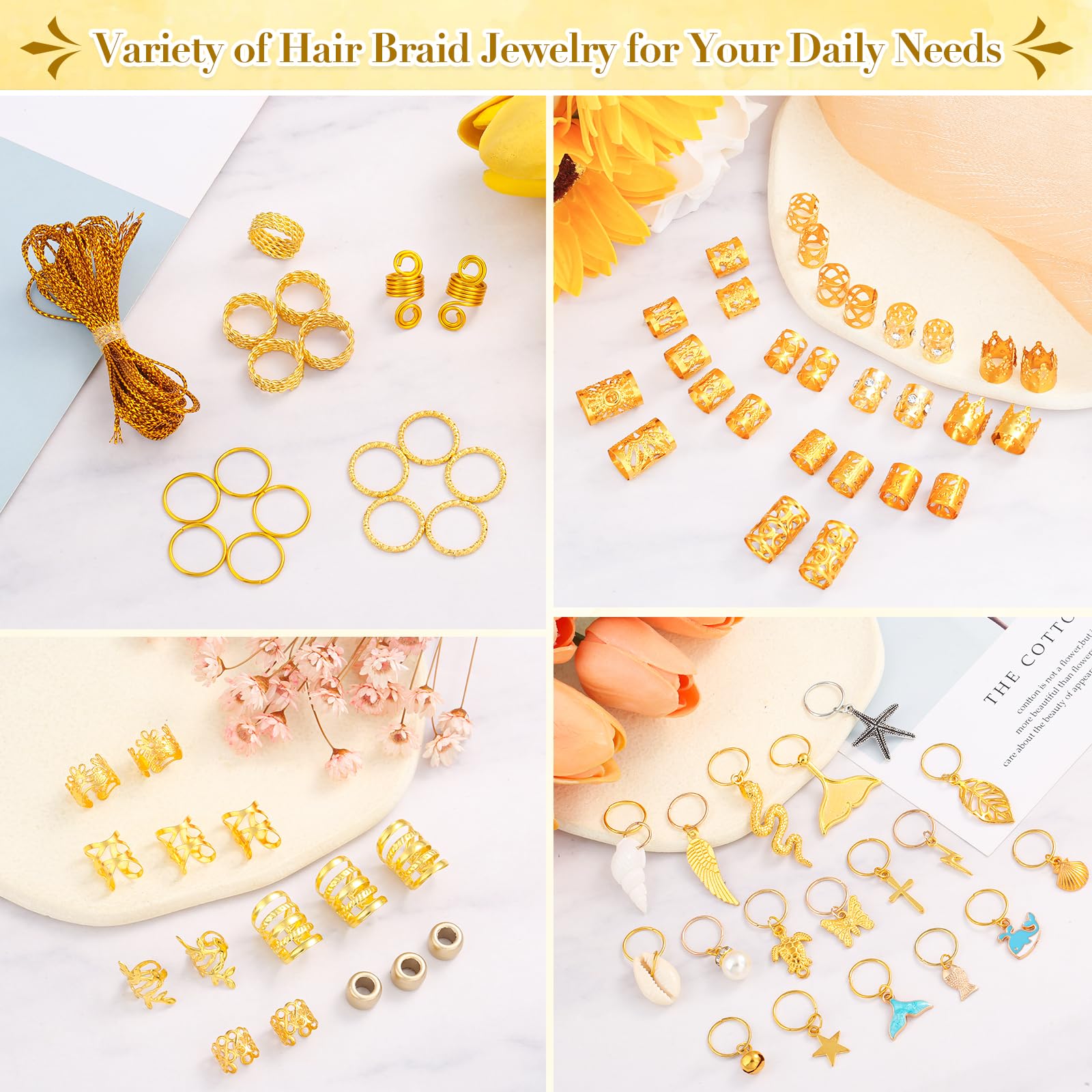 Qinzave mixed styles flatlay showing variety of rings clips and cuffs for creative styling options