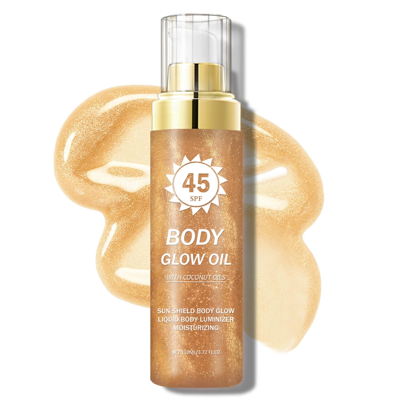 QIUFSSE amber bottle front packaging showing SPF 45 and shimmer benefits