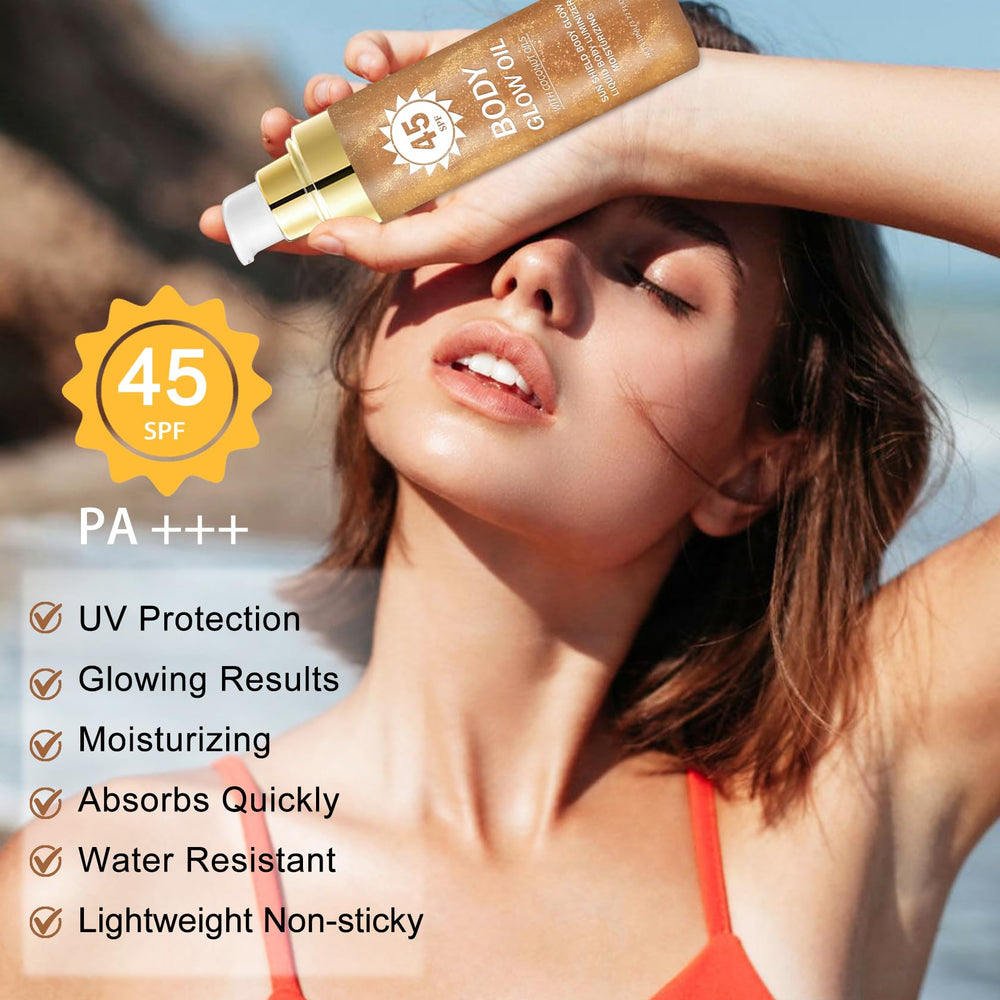 QIUFSSE applied on shoulder at beach for sun protection and glow