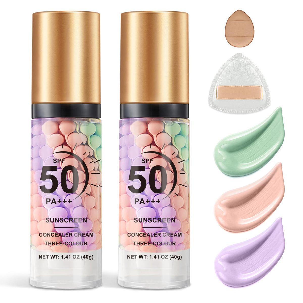 QIUFSSE front packaging showing two primer bottles and powder puff, convenient makeup base