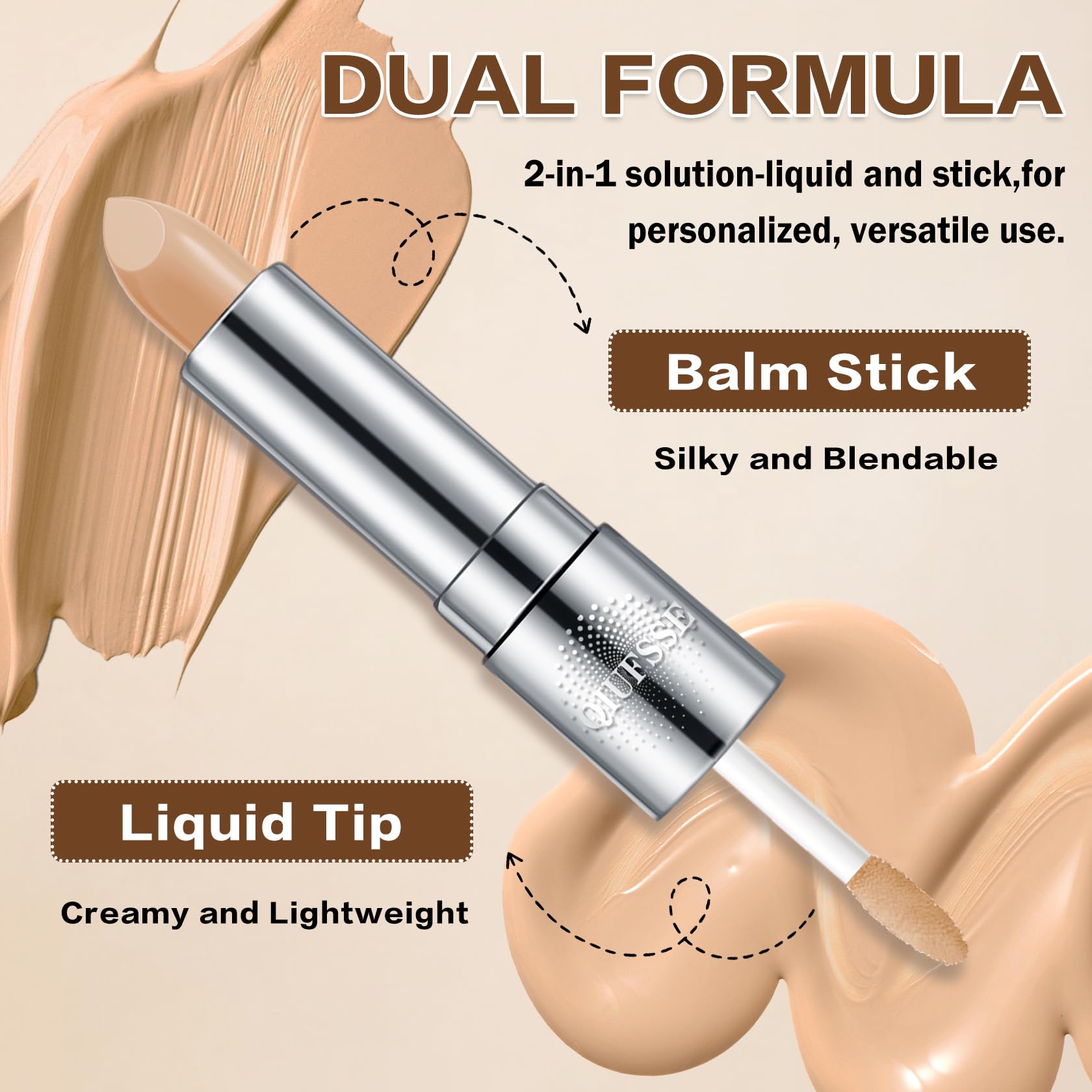 QIUFSSE liquid applicator closeup demonstrating smooth, hydrating formula for blendable coverage