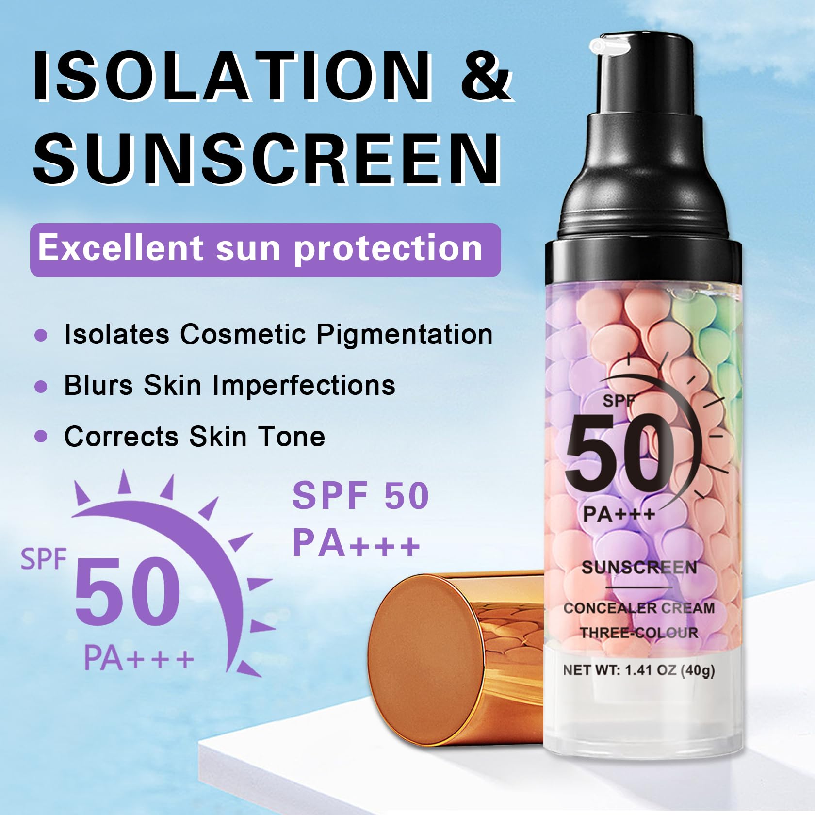 QIUFSSE side label highlighting SPF 50 protection and ingredients, clear sun-shield benefit