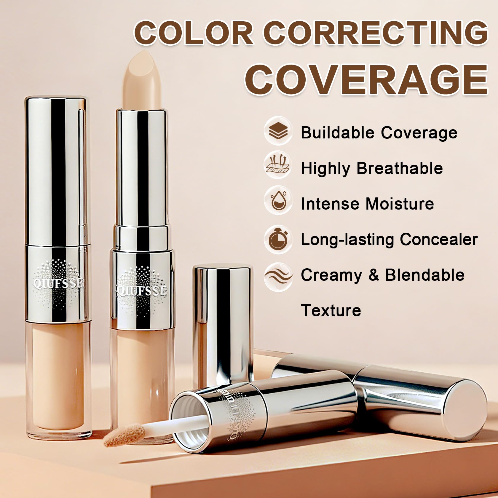 QIUFSSE stick tip detail highlighting precise applicator for targeted spot correction and long wear