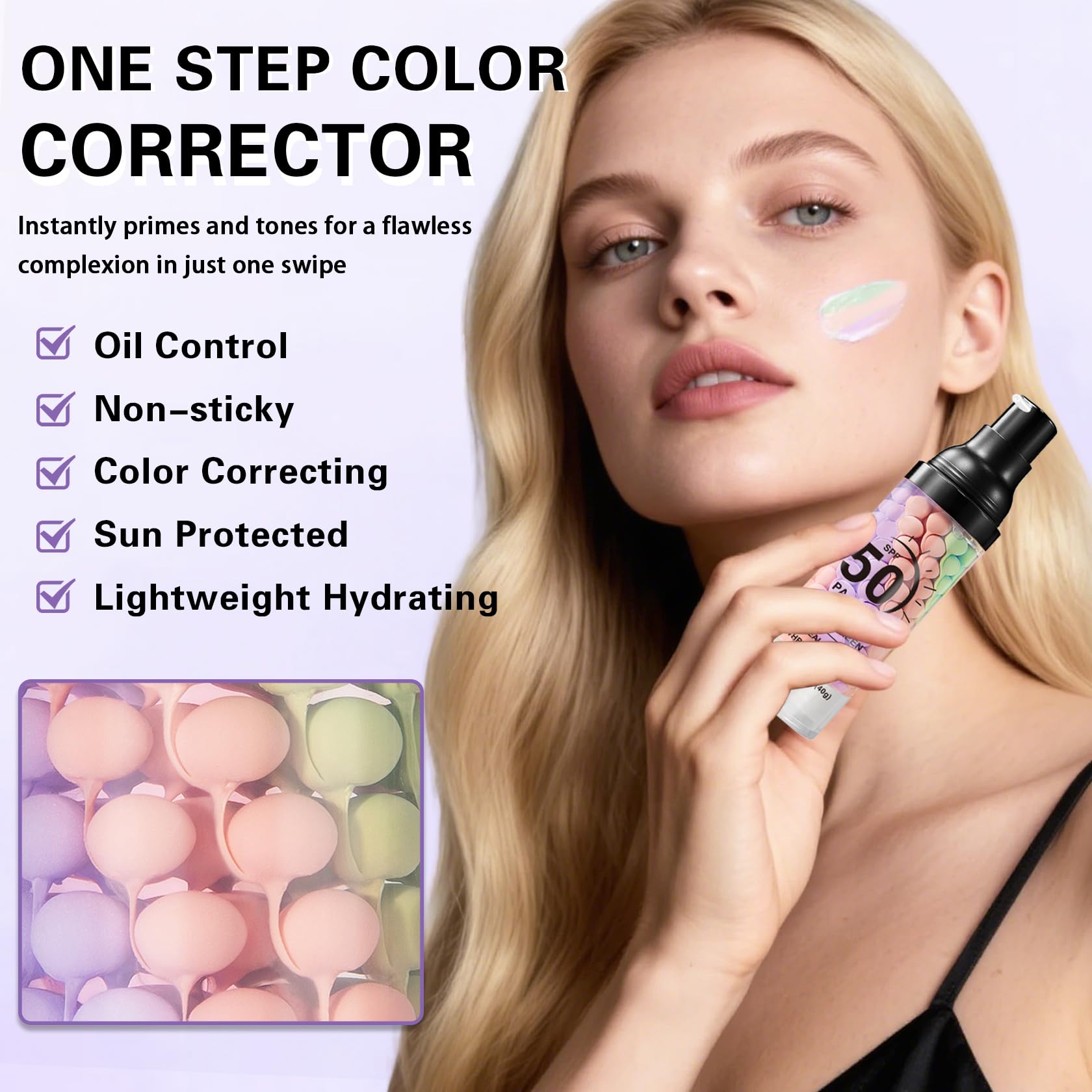 QIUFSSE three tint swatches on arm illustrating purple green pink correction benefits