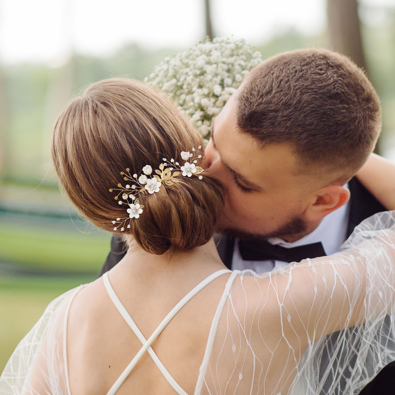 QIUTIMIY combs inserted in a bridal updo, shows secure hold and decorative effect