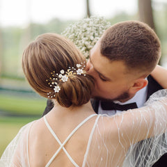 QIUTIMIY combs inserted in a bridal updo, shows secure hold and decorative effect