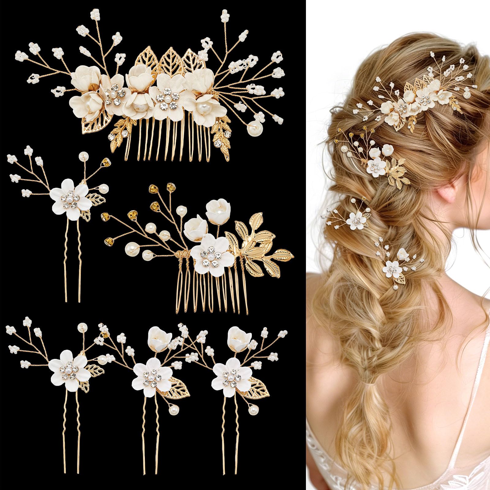 QIUTIMIY front view showing both gold combs and four pins, elegant bridal styling benefit