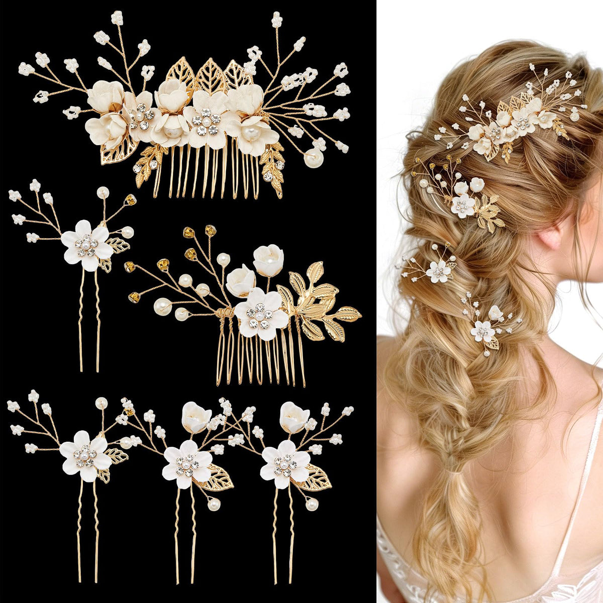 QIUTIMIY front view showing both gold combs and four pins, elegant bridal styling benefit