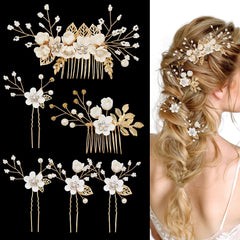 QIUTIMIY front view showing both gold combs and four pins, elegant bridal styling benefit