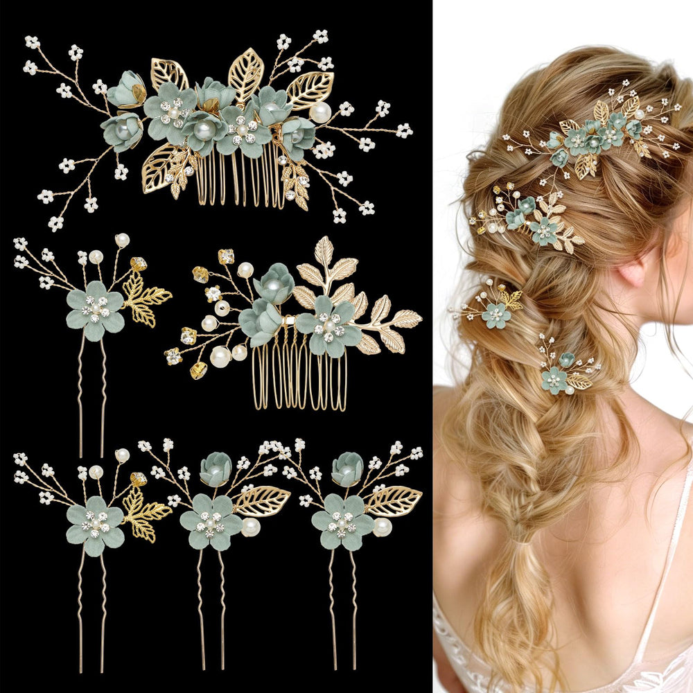 QIUTIMIY front view of gold floral side combs set for elegant weddings