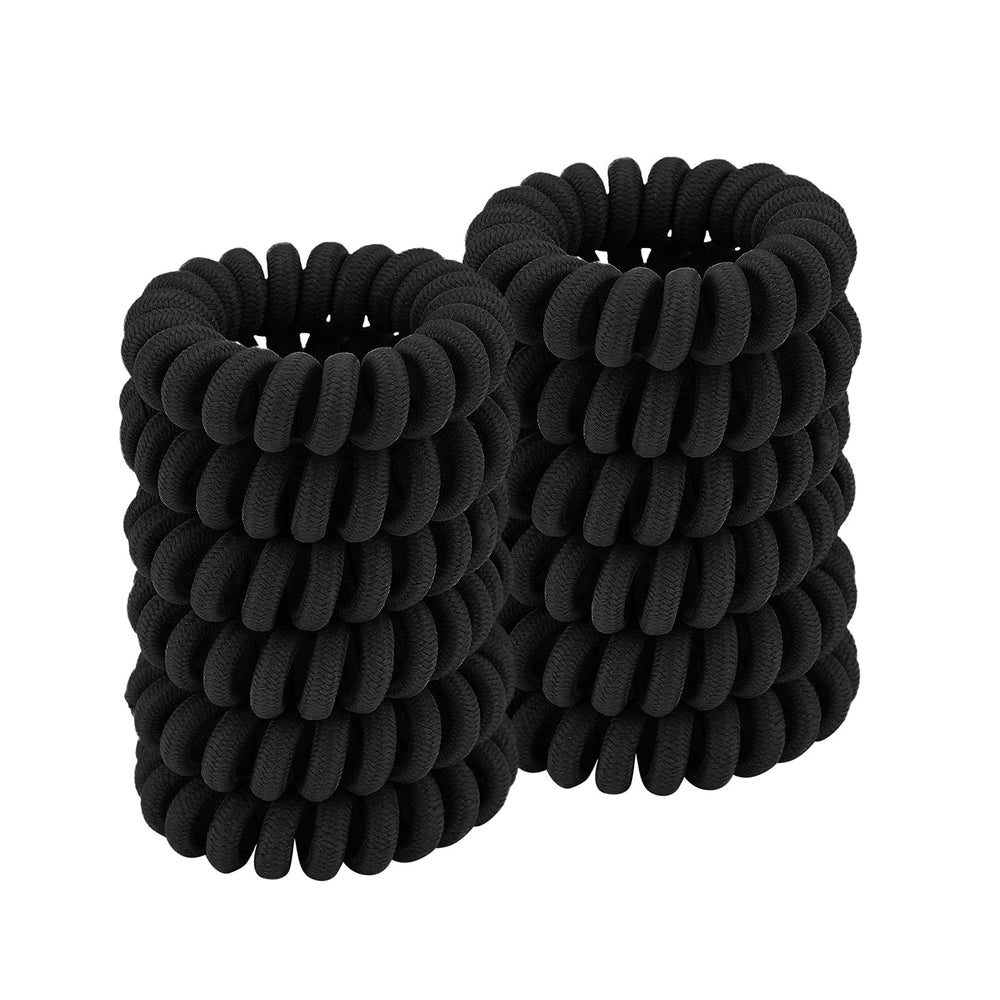 QIUTIMIY front view of 12 black spiral hair ties showing package benefits