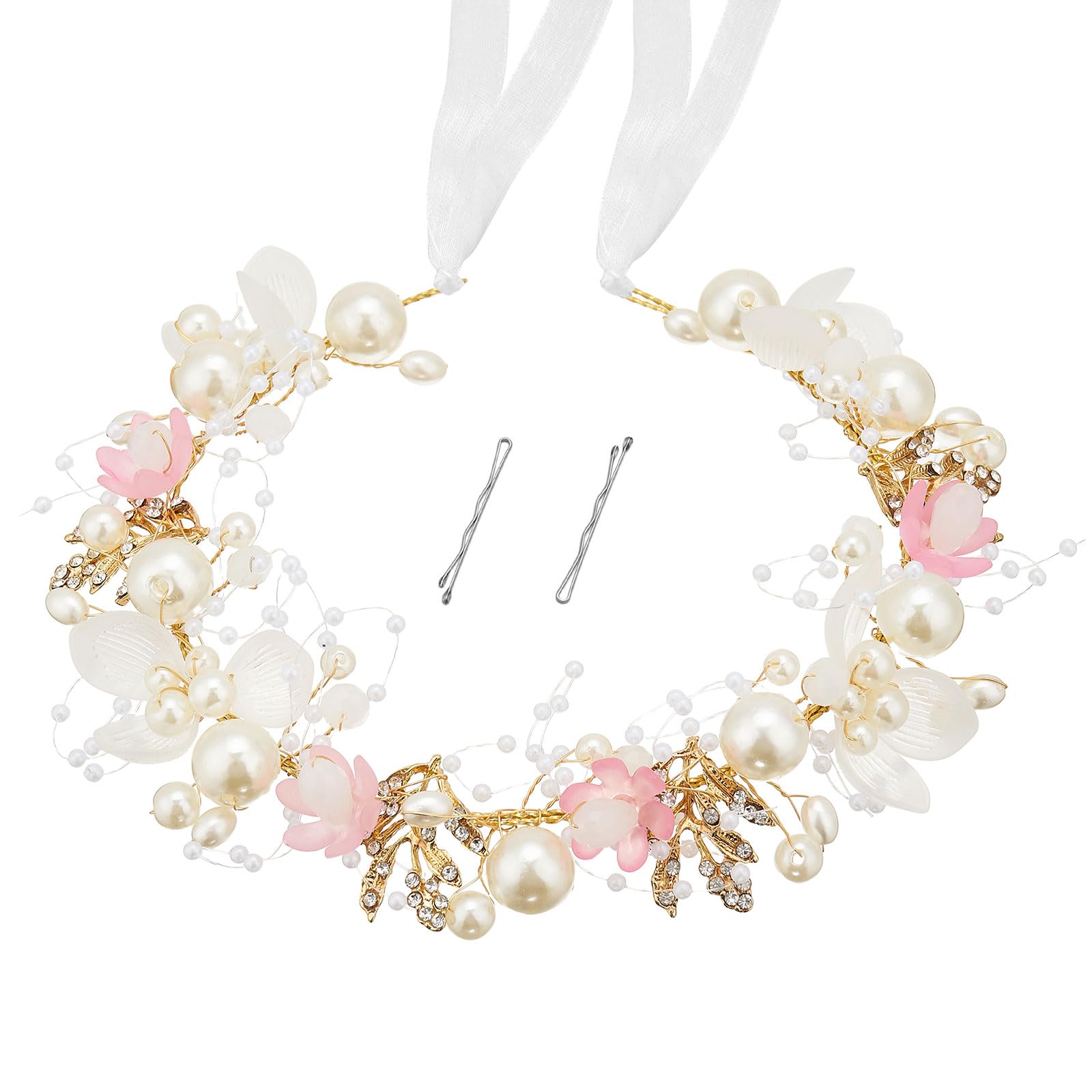 QIUTIMIY front view of headpiece showing delicate pearls and floral beads for elegant styling