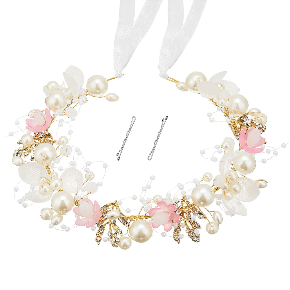 QIUTIMIY front view of headpiece showing delicate pearls and floral beads for elegant styling