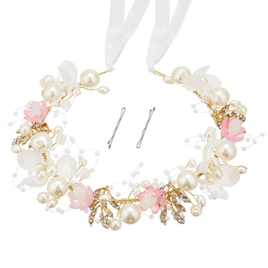 QIUTIMIY front view of headpiece showing delicate pearls and floral beads for elegant styling