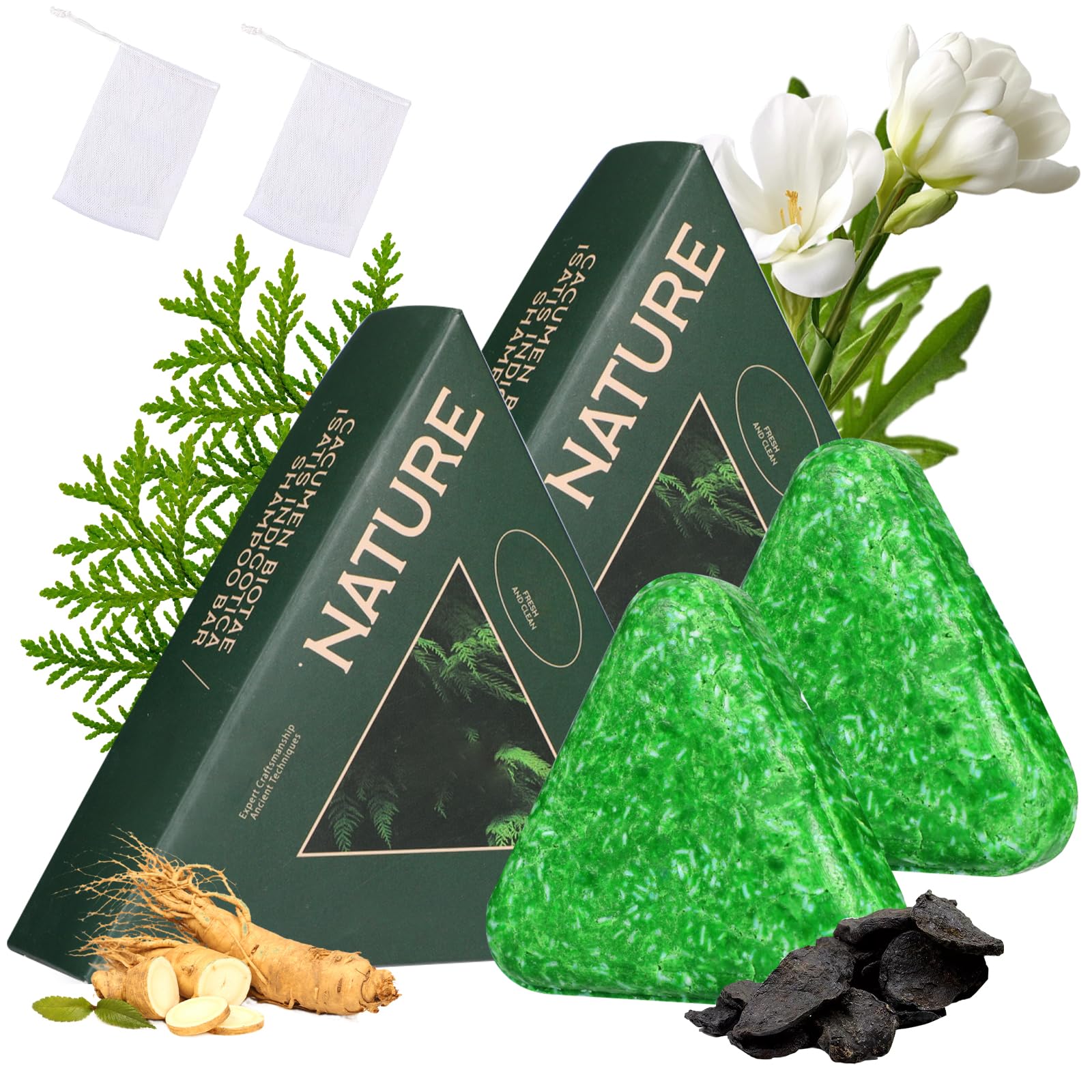 QnmtShna front packaging showing two triangle shampoo bars and foaming net, eco travel benefit