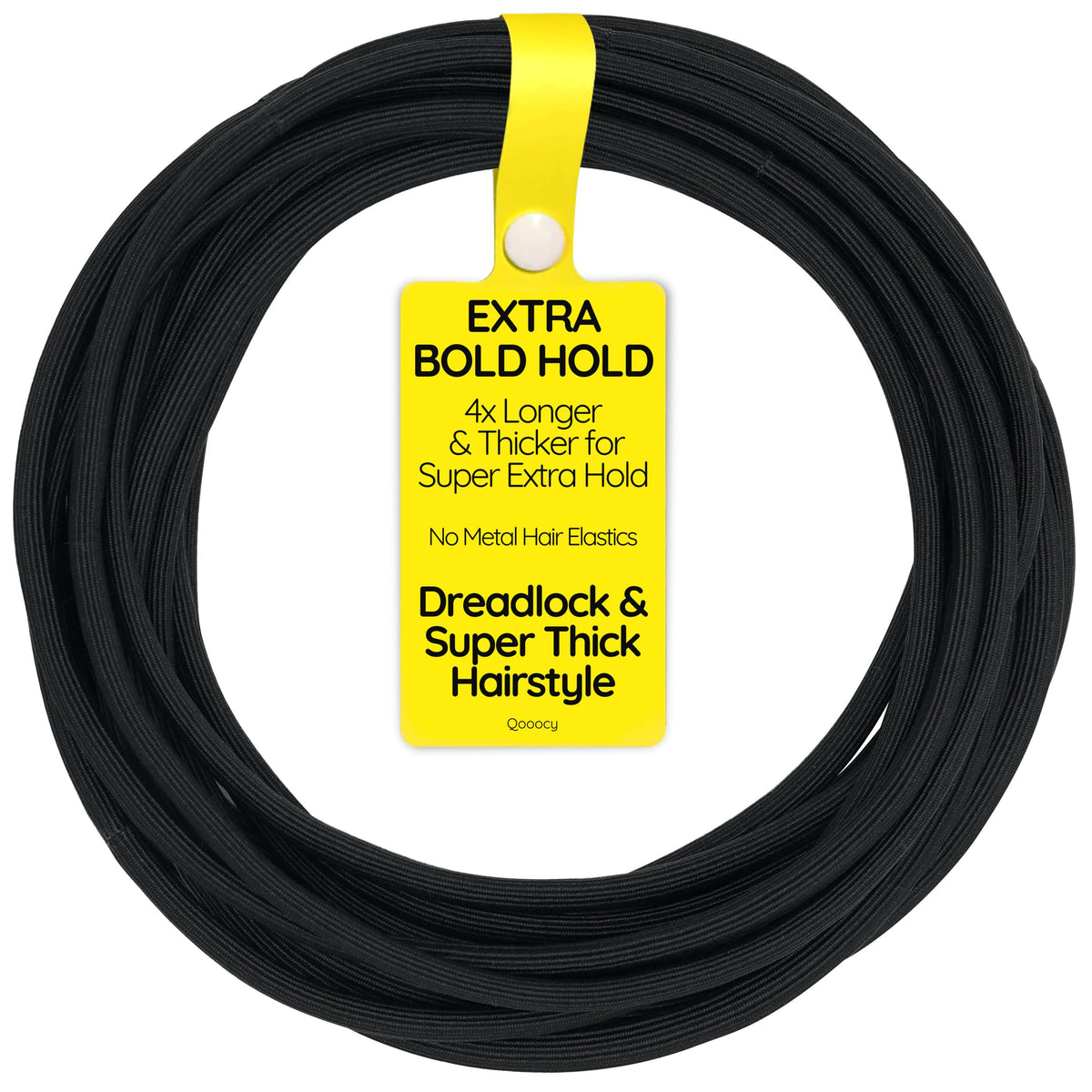 Qooocy front pack of twelve black extra-long hair ties showing quantity and color, reliable supply