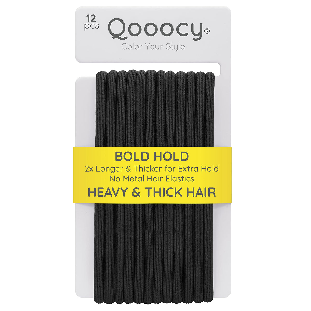 Qooocy front packaging showing 12 black extra long hair ties and value