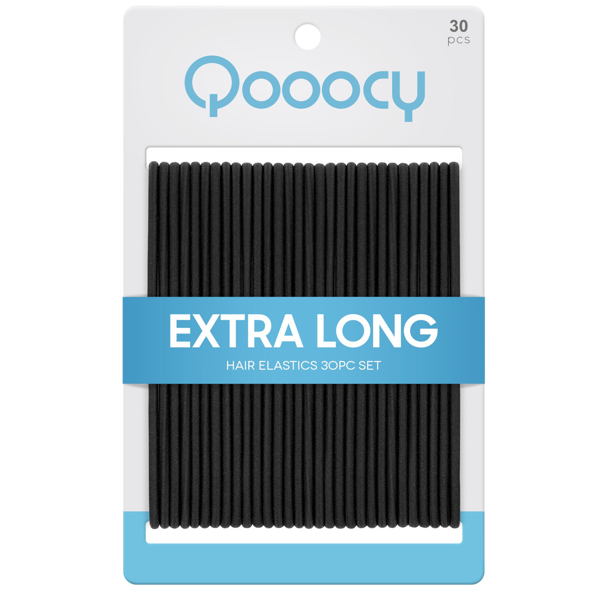 Qooocy front pack of 30 black hair ties showing quantity and slim profile for convenience