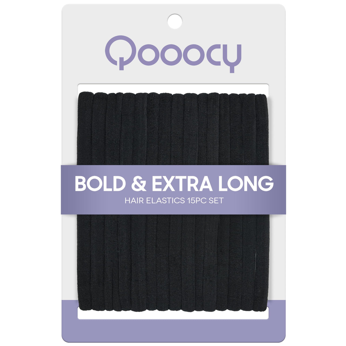 Qooocy front packaging showing 15 black long hair ties for strong yet gentle hold