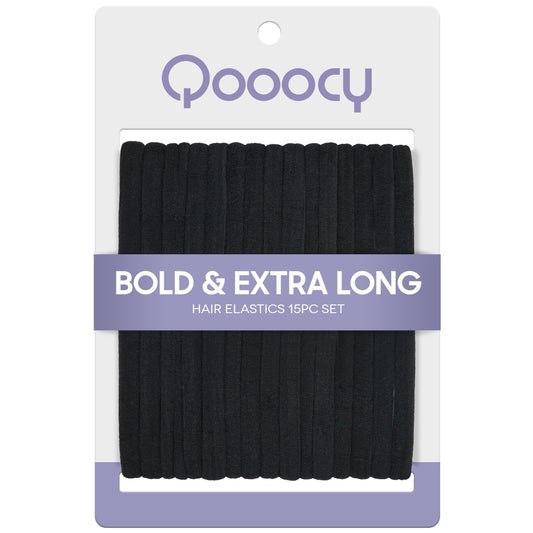 Qooocy front packaging showing 15 black long hair ties for strong yet gentle hold