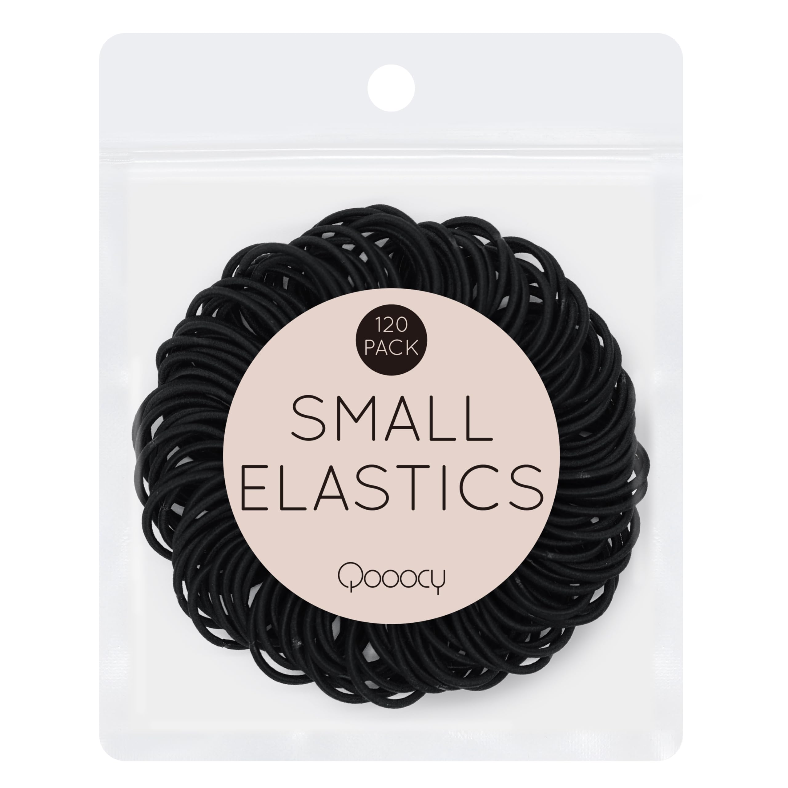 Qooocy front packaging showing 120 black mini hair ties and value