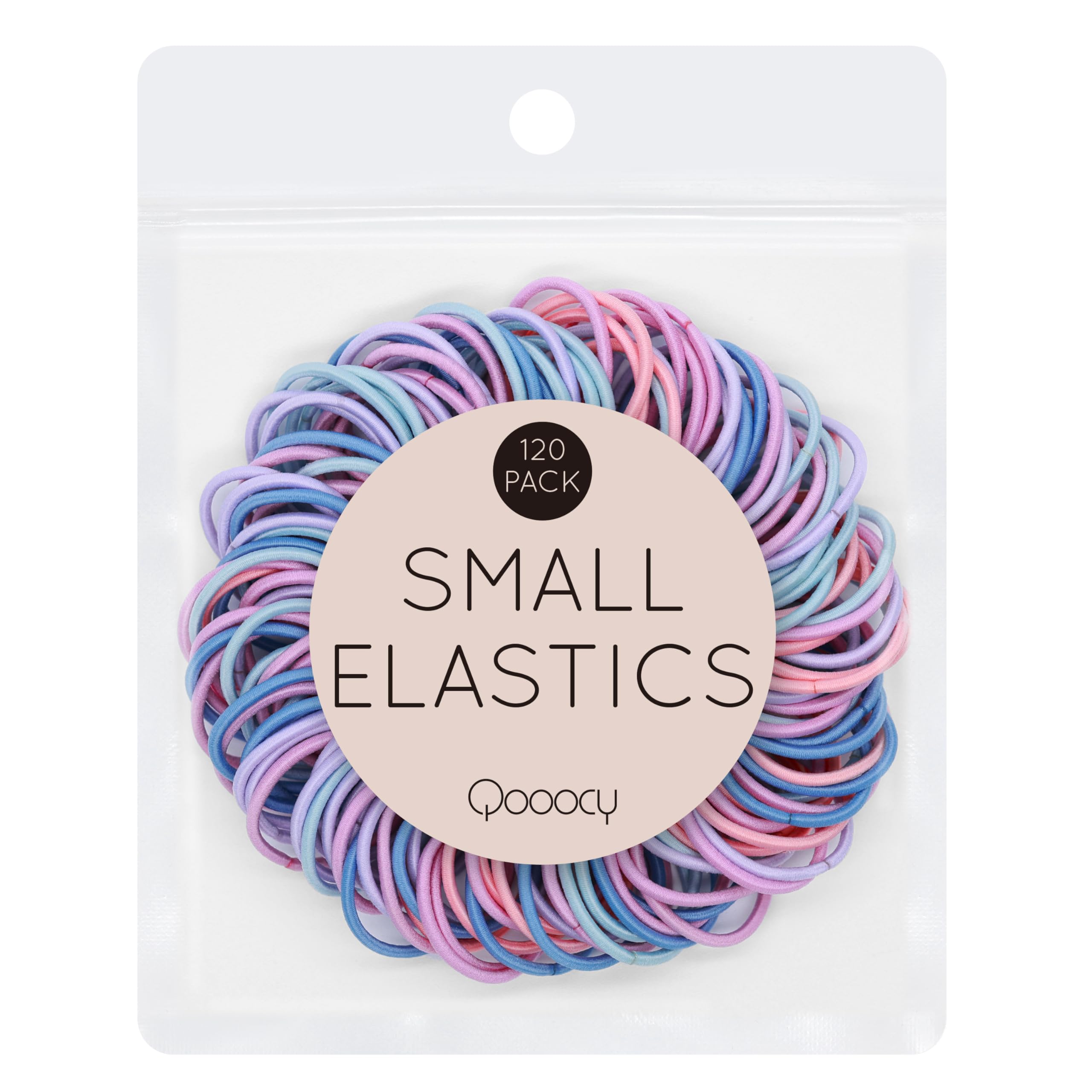 Qooocy front packaging showing 120 pastel hair ties and quantity benefit