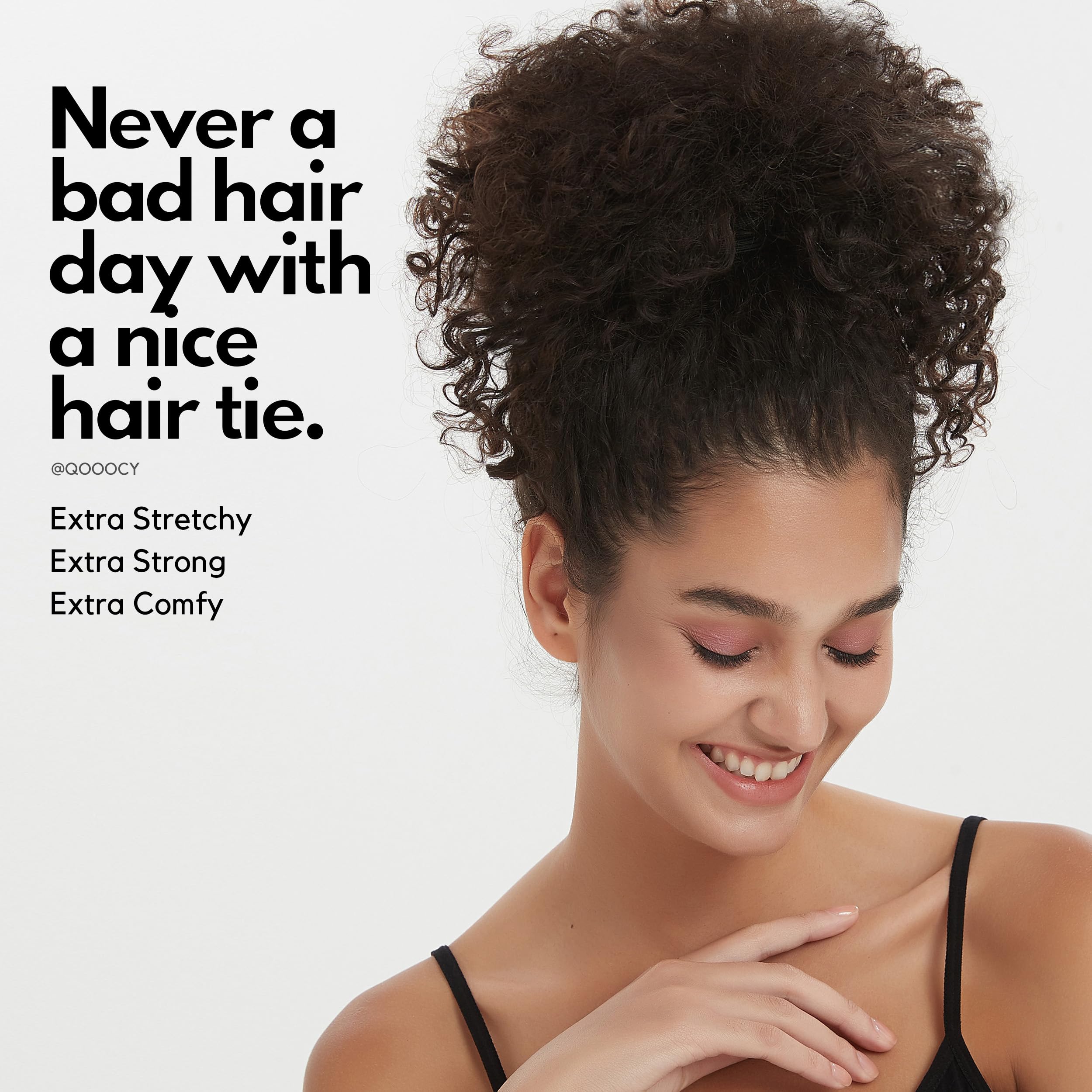 Qooocy in hair high ponytail demonstrating secure hold for thick hair