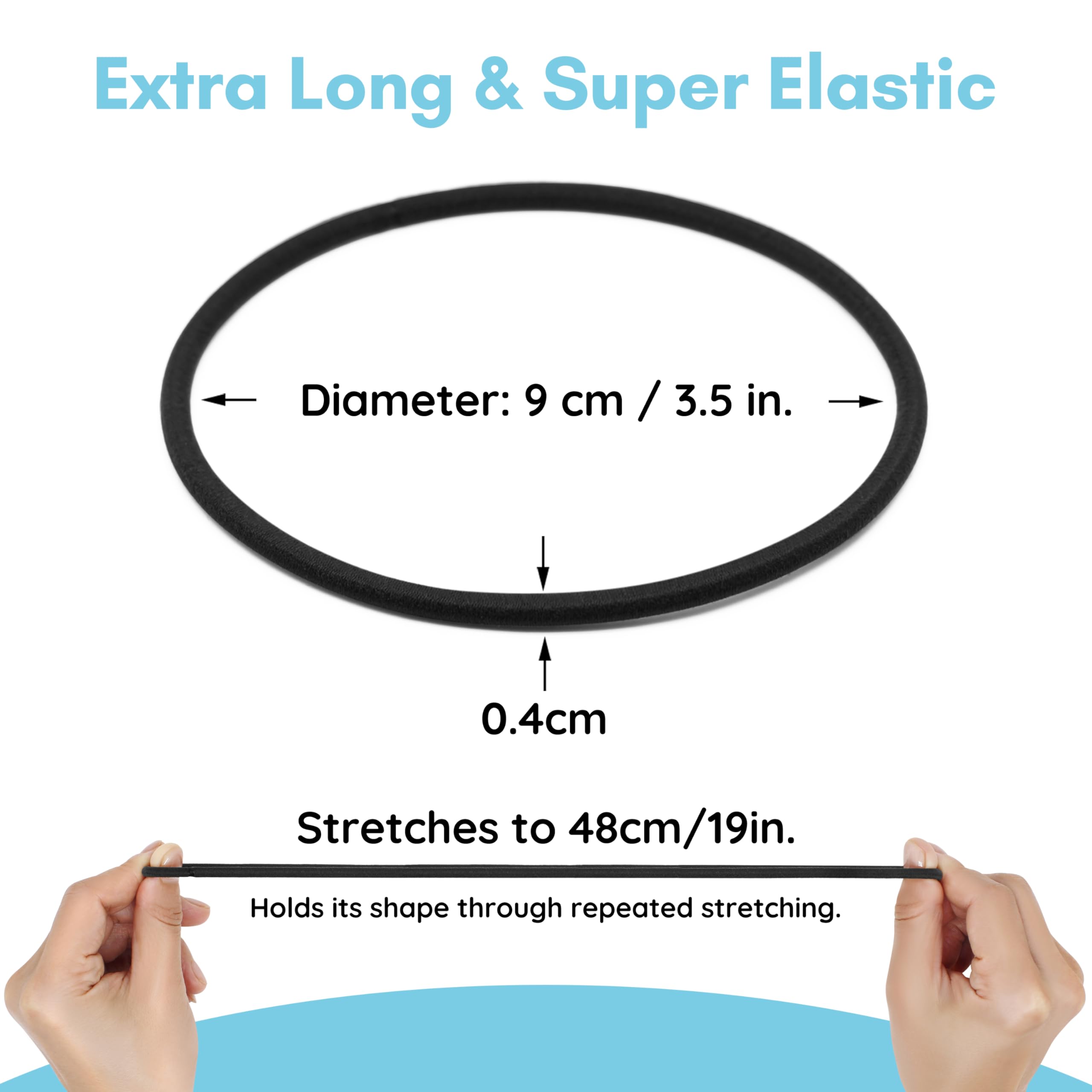 Qooocy long loop beside ruler illustrating 3.5-inch diameter fit for long hair