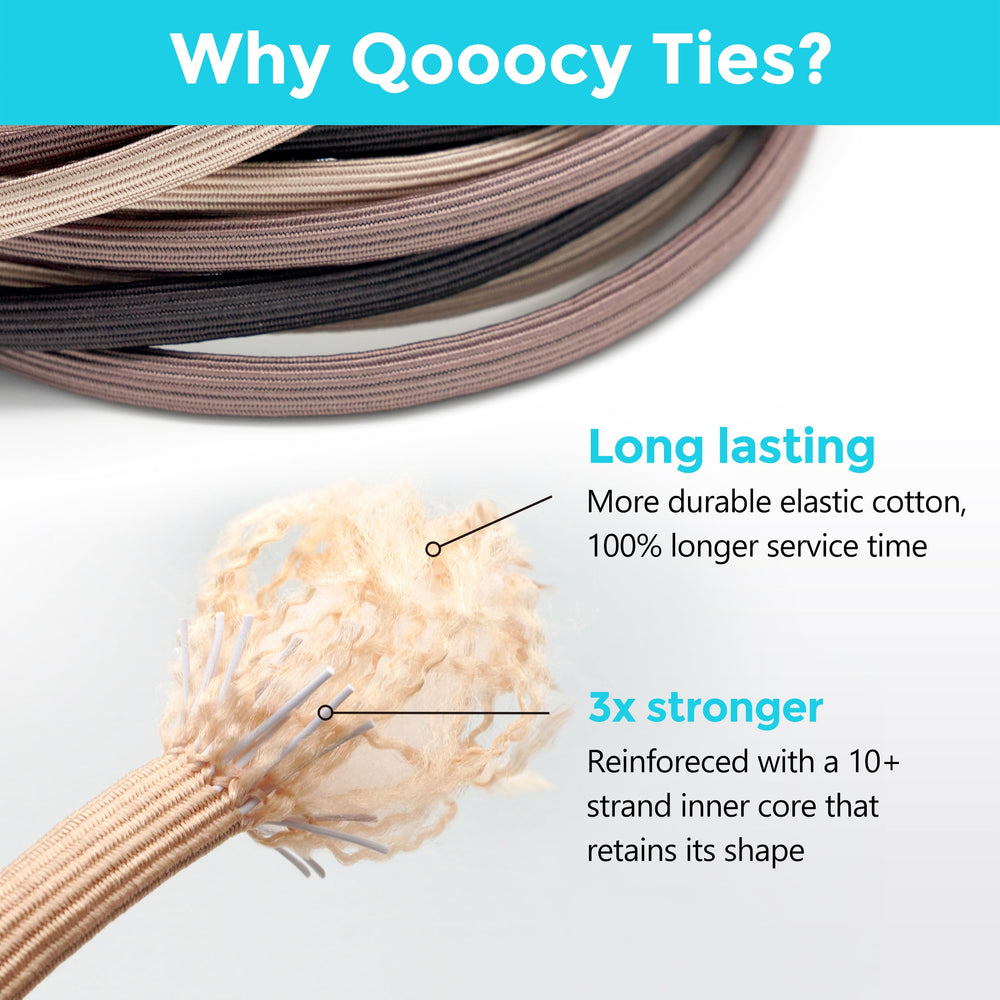 Qooocy hair tie next to a hand for scale conveying oversized length and ease of use