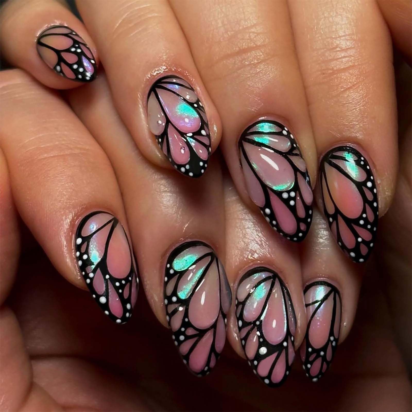 QQPPOLIU front packaging showing almond nails and 3D butterflies for instant polish