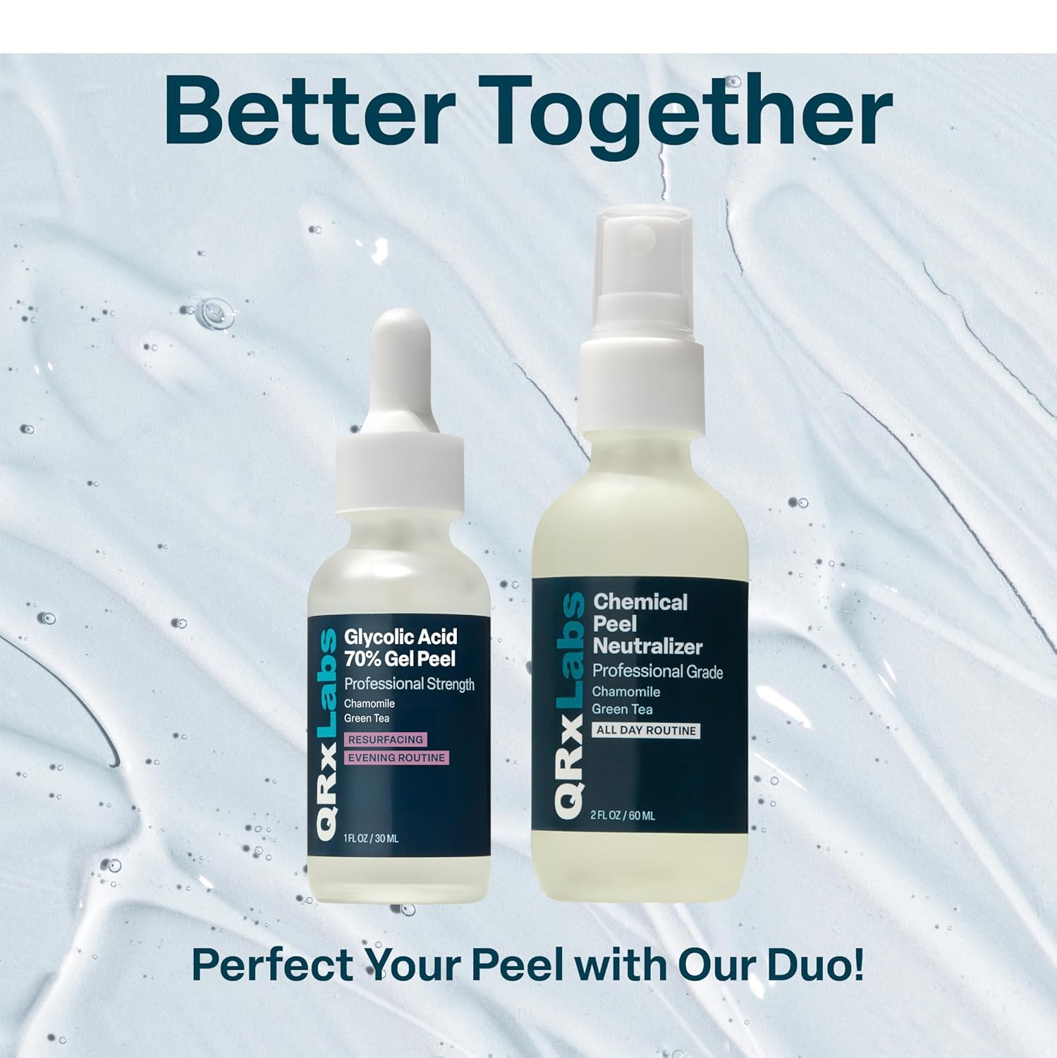 QRxLabs neutralizer bottle label close-up showing pairing information and safety