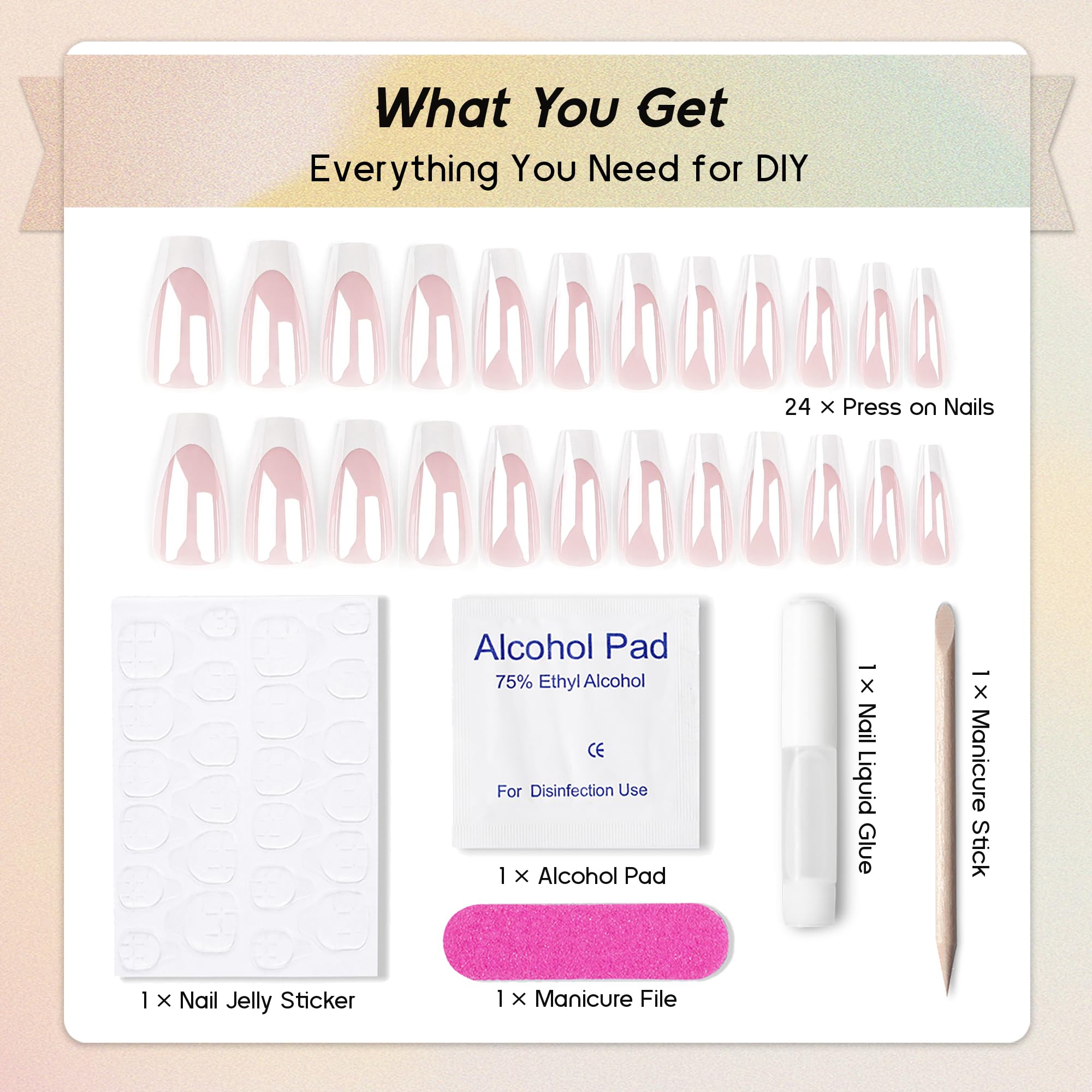 Qsnidy application tools included with glue, file, stick, and alcohol pad
