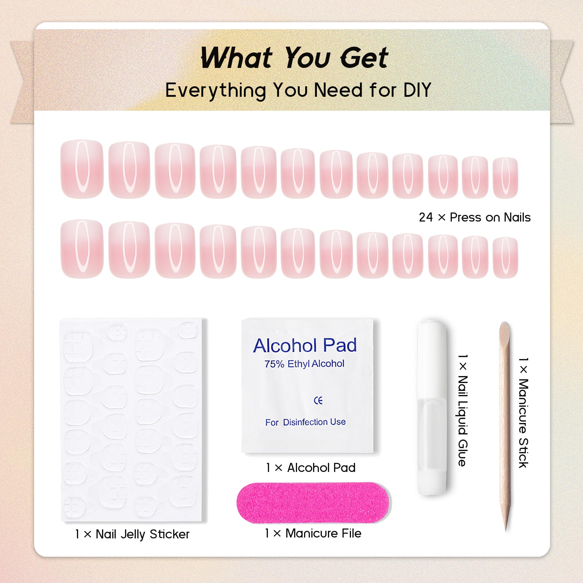 Qsnidy accessories laid out including file, stick, alcohol pad, and glues for easy application