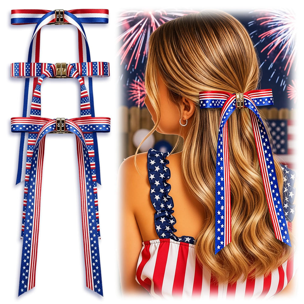 Qtaikong front view of three red white blue flag hair bows showing festive design and instant styling