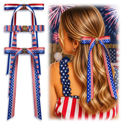 Qtaikong front view of three red white blue flag hair bows showing festive design and instant styling