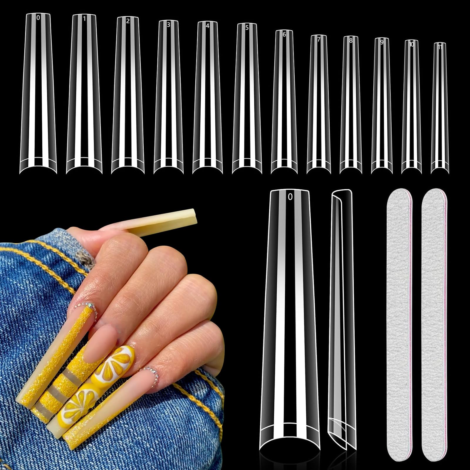 Quaferen front packaging showing 504pcs long coffin tips and organized sizes for convenience