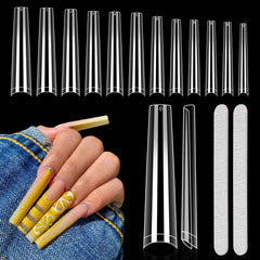 Quaferen front packaging showing 504pcs long coffin tips and organized sizes for convenience