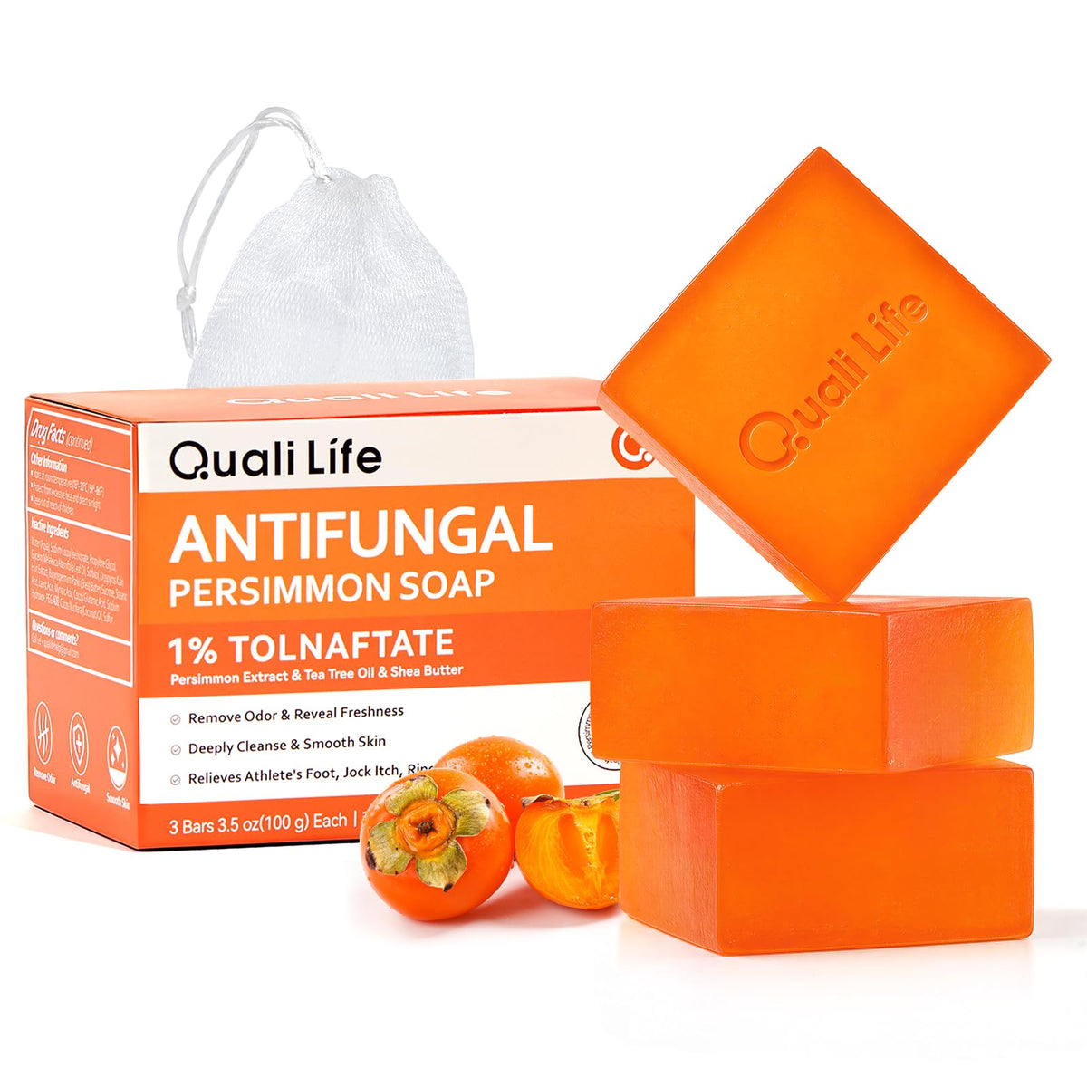 QualiLife front packaging of three persimmon antifungal soap bars, clear ingredient callouts