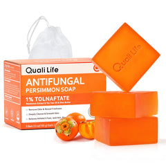 QualiLife front packaging of three persimmon antifungal soap bars, clear ingredient callouts