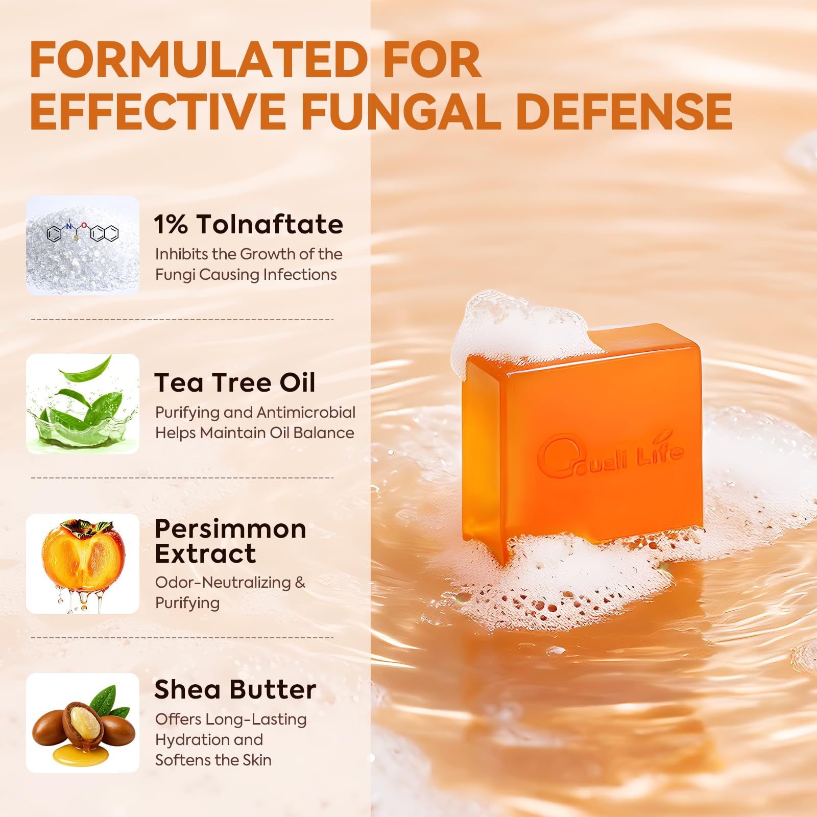 QualiLife soap bar close-up showing smooth texture and medicated formulation for gentle cleansing