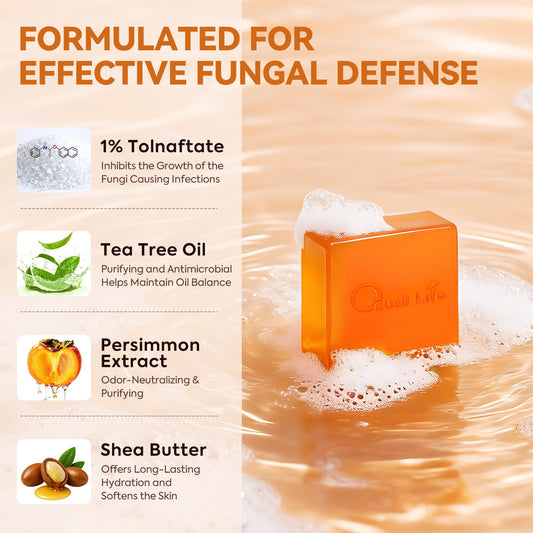 QualiLife soap bar close-up showing smooth texture and medicated formulation for gentle cleansing